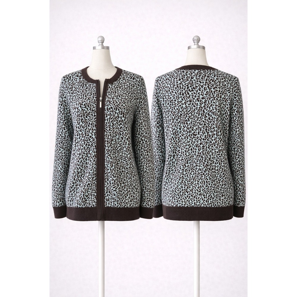 Peck & Peck Abstract Leopard Print Zip Cardigan -‎ Quiet Luxury Turquoise S